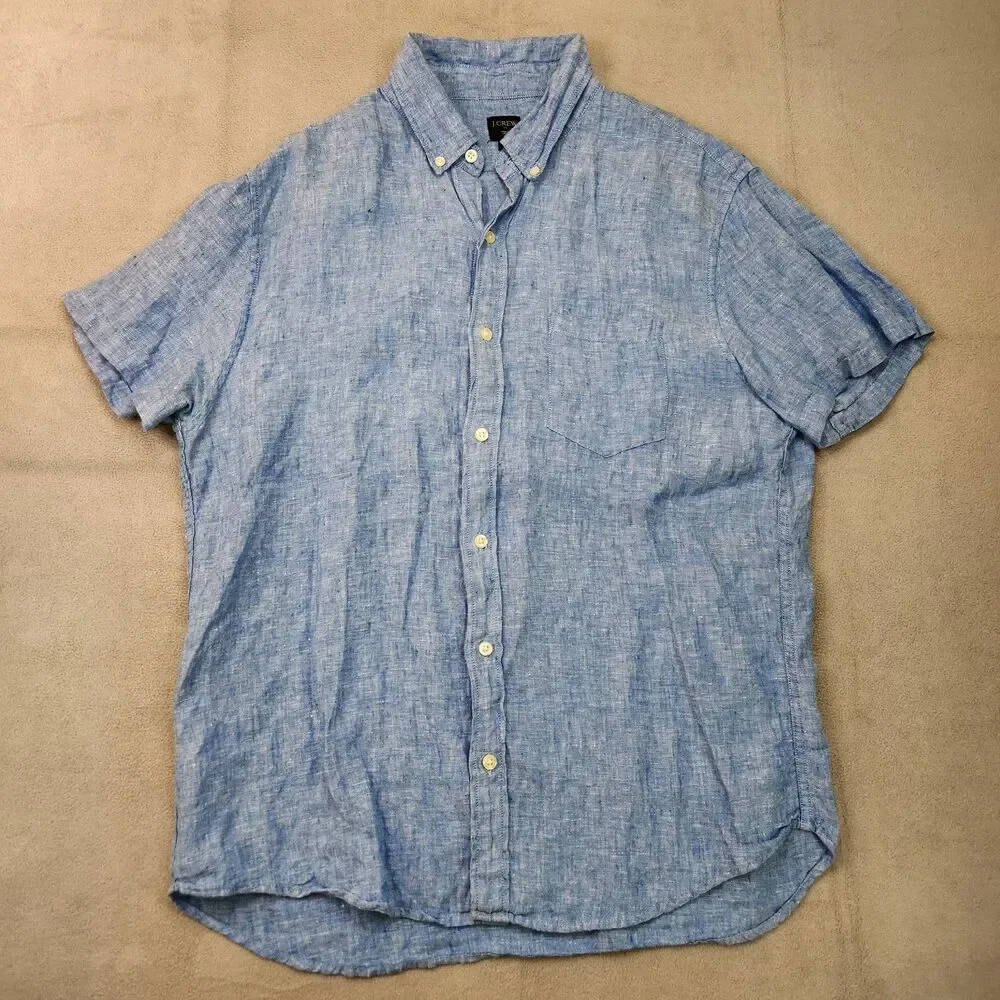 J. Crew 100%‎ Linen Shirt Men's Size Large Blue Short Sleeve Button Down Pocket
